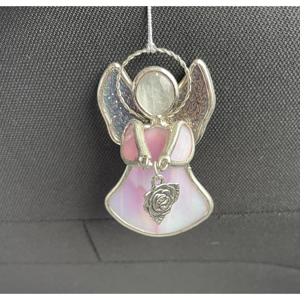 GANZ Charm Pink Stained Glass Angel Ornament  Holding A Flower Charm Sun Catcher